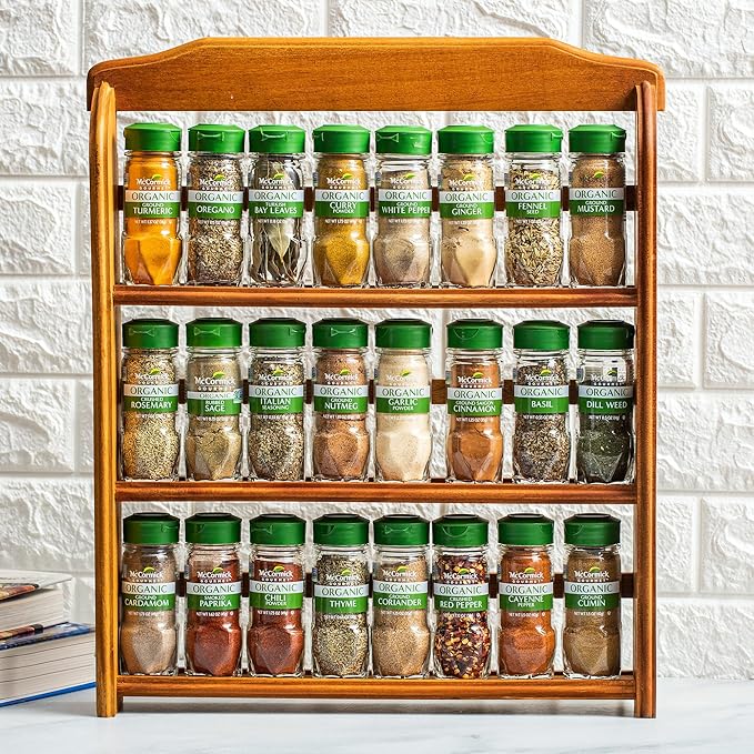 McCormick Gourmet Three Tier Wood 24 Piece Organic Spice Rack Organizer with Spices Included, 27.6 oz