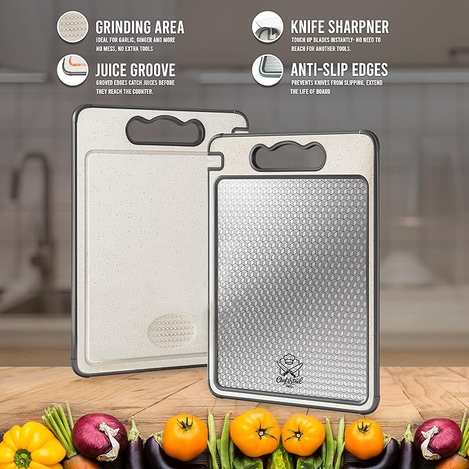 Chef’s Steel Pro 15”×10” Premium 304 Stainless Steel Cutting Board – 4-in-1 Double-Sided with Knife Sharpener, Garlic Grater, Wheat Straw PP & TPR Non-Slip, Dishwasher Safe, Includes Eco Sponge