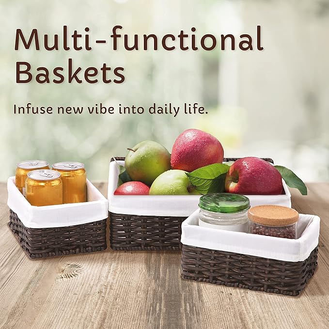 Baskets for Organizing, Undershelf Wicker Storage, Hand Woven Organizer for Closet Organization, Rectangular Resin with Lid, Set of 3, Walnut Brown