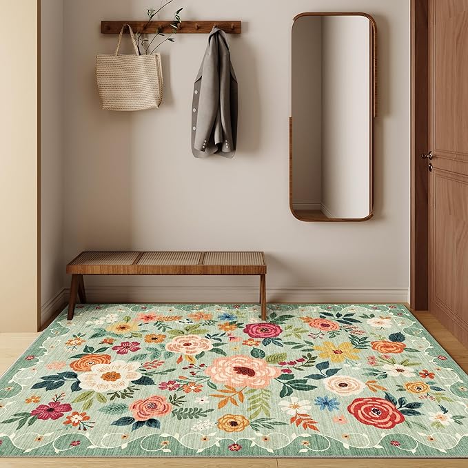 DUKINO 4x6 Area Rug, Floral Rugs for Living Room, Lightweight Non Slip Washable Rug, Indoor Low Pile & Non-Shedding Boho Design Rugs for Bedroom, Living Room, Dining Room, Green