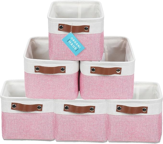 OrganiHaus Small Fabric Storage Bins for Shelves 6 Pack, 12x8in Closet Storage Bins for Shelves, Cloth Baskets for Organizing, Linen Closet Organizers, Fabric Basket, Pink/White