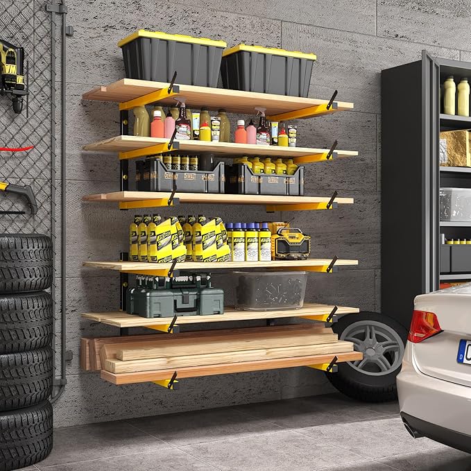 GREENER Lumber Storage Rack Folding Wood Storage Racks Wall-Mounted Metal Racks for Storage with 3-Level Heavy Duty Garage Wood Organizer for Woodworking Shop Indoor & Outdoor Use, 4 pairs,Yellow