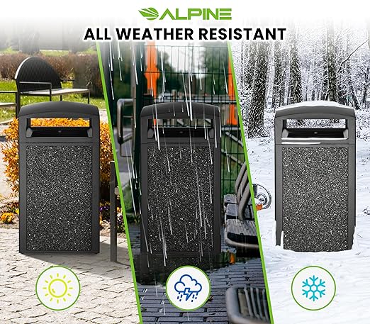 Alpine Outdoor Commercial Trash Can with Lid - 40 Gallon Heavy Duty Metal Garbage Can with Removable Bin, Locking Lid for a Modern Look in Park, Mall & High Traffic Areas-Grey Stone Panels (With Tray)
