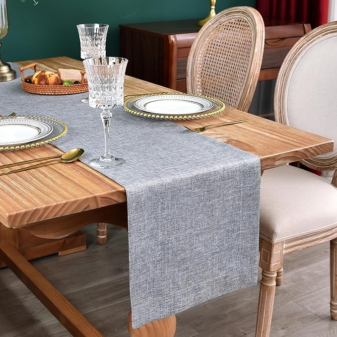 NEWISHER Farmhouse Rustic Table Runner Solid Grey Rectangular Table Runners Faux Linen Table Runner for Everyday Use Kitchen Dining Party Table 13x60 Inch