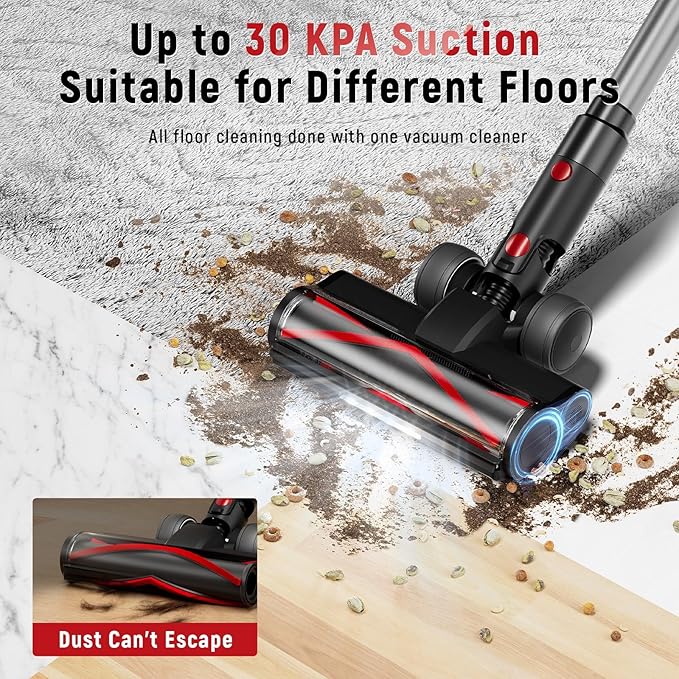 Cordless Vacuum Cleaner, 30Kpa Home Stick Vacuum, Smart Display & 1.5L Dust Cup, 55mins Max Runtime, Rechargeable Lightweight Handheld Vavuum for Pet Hair/Carpet/Hardwood Floor/Car (Red)