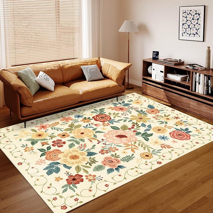 DUKINO 5x7 Area Rug, Floral Rugs for Living Room, Lightweight Non Slip Washable Rug, Indoor Low Pile & Non-Shedding Boho Design Rugs for Bedroom, Living Room, Dining Room, Beige Yellow