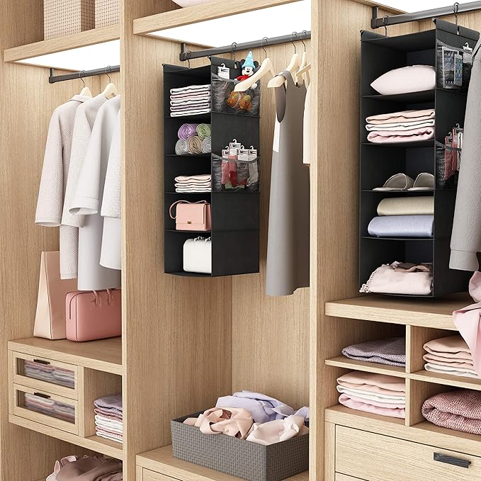 MAX Houser 5-Shelf Hanging Closet Organizer,Space Saver, Cloth Hanging Shelves with 4 Side Pockets,Foldable, Black