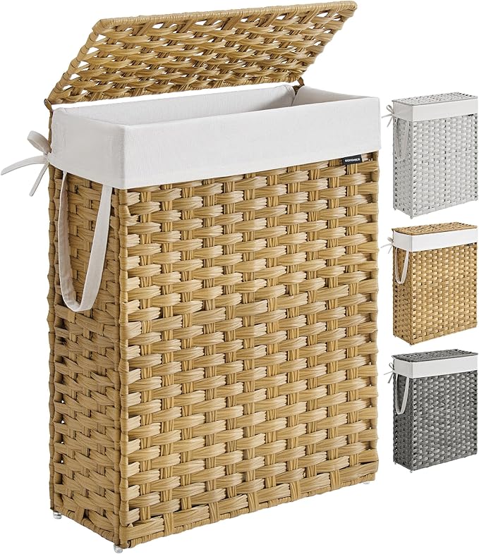 SONGMICS Slim Laundry Hamper with Lid, 14.5 Gallon (55L) Rattan Clothes Laundry Basket with Lid and Handles, Foldable, Removable Liner, Goose Yellow ULCB164N01