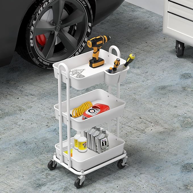 Simple Houseware 3-Tier Multifunctional Rolling Utility Cart with Hanging Bucket, White