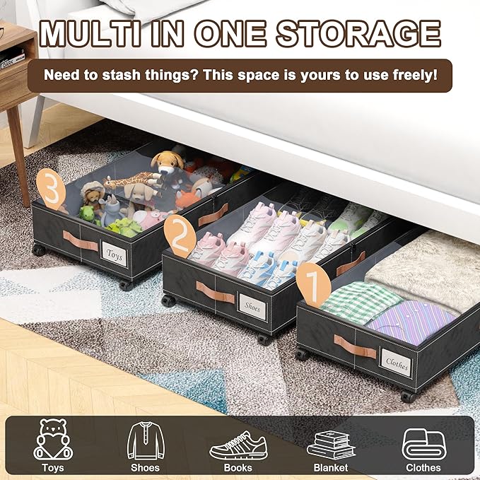 Under Bed Storage with Wheels, 2-Pack Under Bed Storage Containers with Clear Lids, XXL 65L Under the bed storage Organizer Bins, Rolling Under Bed Metal Drawer for Clothes,Shoes,Toys (Black, 2-Pack)