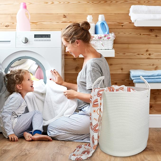 Cotton Rope Laundry Basket Hamper for Clothes Decorative Woven Storage Basket for Living Room Bedroom Boho Tall Rope Baskets for Blanket Toys Baby Nursery Hamper Bin Large white