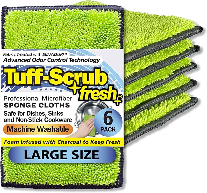 Fresh Tuff-Scrub, Large, 6-Pack Scrub-N-Wipe Sponge Cloth with Silvadur Antimicrobial for Odor Control, Microfiber, Multi-Surface, Non-Scratch, Dual-Sided, Machine Washable, Durable Kitchen Sponge