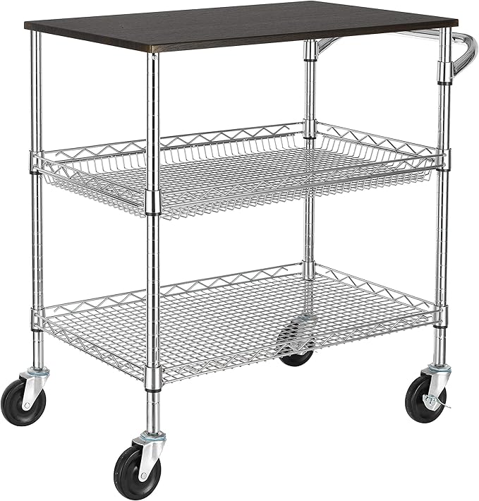 Finnhomy 3 Tier Heavy Duty Commercial Grade Utility Cart with Wood Top, Wire Rolling Cart with Handle Bar, Steel Service Cart with Wheels, Utility Shelf Food Storage Trolley, NSF Listed