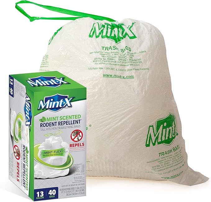 Mint-X MintFlex Rodent Repellent Trash Bags, Tall Kitchen Drawstring Bags, 1 FT 11 ¾ Inches X 2 FT 1 Inch, 0.90 MIL, 13 Gallon, 40 Count