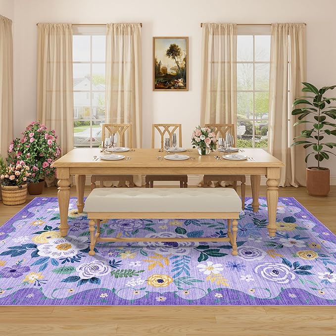 DUKINO 5x7 Area Rug, Floral Rugs for Living Room, Lightweight Non Slip Washable Rug, Indoor Low Pile & Non-Shedding Boho Design Rugs for Bedroom, Playroom, Dining Room, Purple
