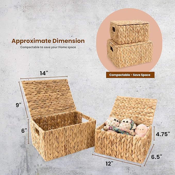 Wicker Storage Baskets with Lid, Set 2 Basket With Lid Decorative Storage Rectangle Wicker Storage Basket With Lid Large Rattan Storage Box Hyacinth Baskets