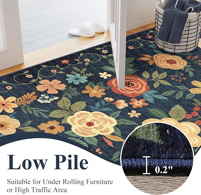 DUKINO 2x4 Rug for Entryway, Washable Kitchen Floral Runner Rug with Non Slip Backing, Low Pile Soft Boho Carpet for Kitchen, Hallway, Entryway, Laundry, Bedroom, Navy Blue