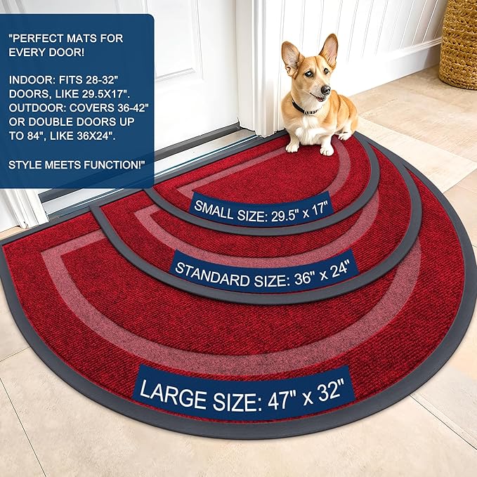 OLANLY Half Circle Door Mat Indoor Outdoor Entrance Welcome, Waterproof All-Season, All-Weather Doormat, Sturdy Natural Rubber, Low Profile, Easy Clean Patio Porch Entryway Mat, 29.5x17, Wine Red