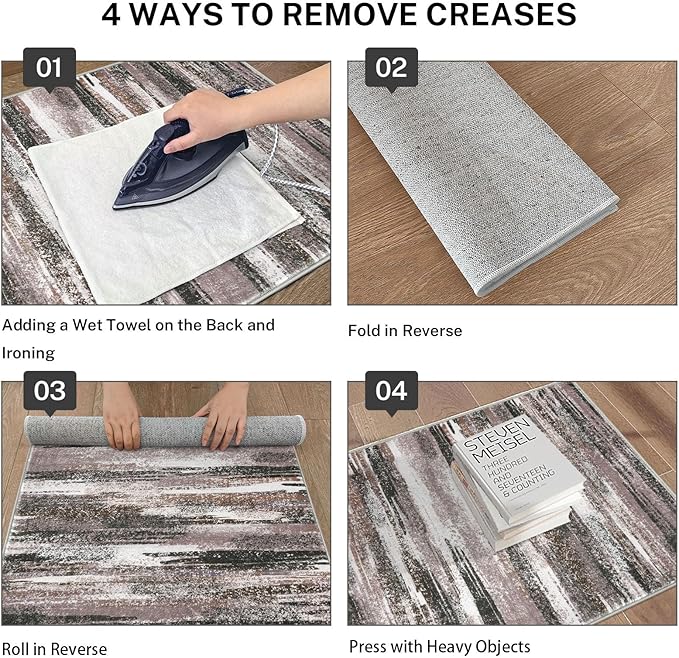 Modern Abstract 4x6 Living Room Washable Rug Non-Slip Soft Bedroom Area Rug Dark Light Brown White Thin Print Faux Wool Floor Carpet Throw Rugs for Nursery Playroom Dining Room Indoor Office