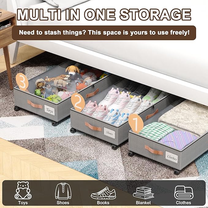 Under Bed Storage with Wheels, 2-Pack Under Bed Storage Containers with Clear Lids, XXL 65L Under the bed storage Organizer Bins, Rolling Under Bed Metal Drawer for Clothes,Shoes,Toys (Gray, 2-Pack)