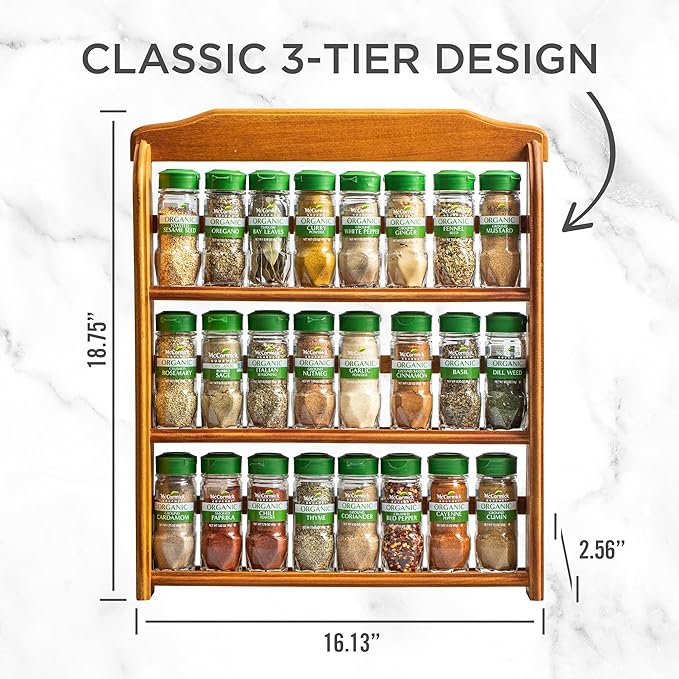 McCormick Gourmet Three Tier Wood 24 Piece Organic Spice Rack Organizer with Spices Included, 27.6 oz