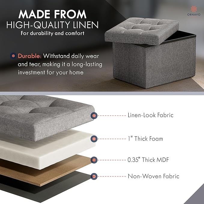 Ornavo Home Small Storage Ottoman Foldable Collapsible Rectangle Linen Ottoman Foot Rest Stool Seat, for Living Room, Bedroom, Home Office, Dorm - 12 x 16 x 12, Dark Gray