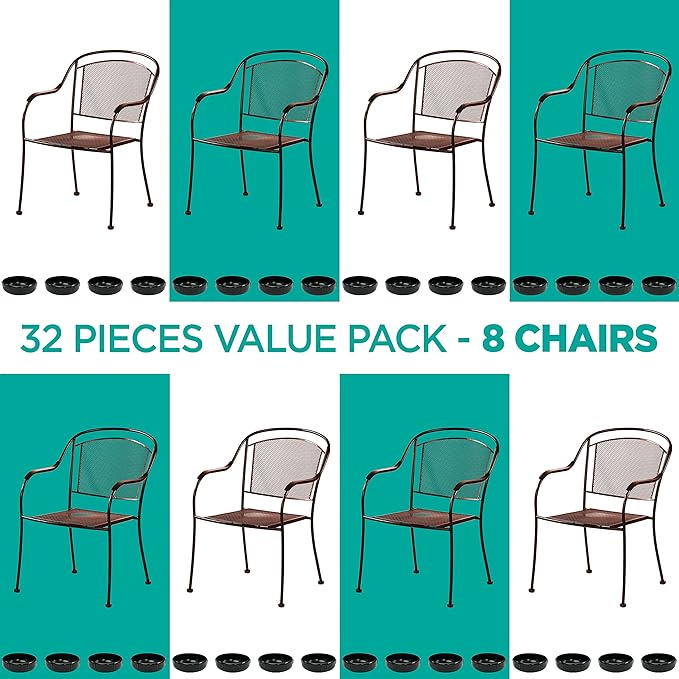 Wrought Iron Patio Furniture Feet Caps (32 Pack, Black) - 1.5" Round Plastic Outdoor Chair Leg Caps, Patio Furniture Replacement Feet