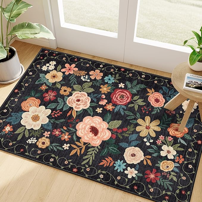 DUKINO 2x3 Rugs for Entryway, Floral Indoor Washable Door Mat, Non Slip Boho Small Rug for Kitchen, Soft Low Pile, Front Door Throw Rug for Entrance, Bedroom, Kitchen, Laundry, Bathroom, Black