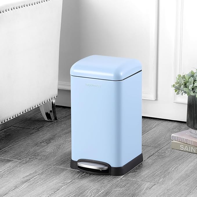 happimess HPM1012H Betty Retro Mini 3.2-Gallon Step-Open Trash Can, Fingerprint Resistant, Modern, Minimalistic for Home, Kitchen, Laundry Room, Office, Bedroom, Bathroom, Tide Pool Blue