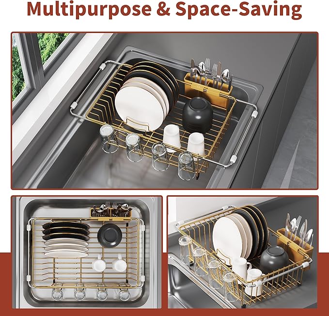 JASIWAY Sink Dish Drying Rack, Expandable Stainless Steel Dish Rack Over Sink, Kitchen Sink Drain Strainer with Cutlery Holder & Cup Holders, Space Saving Plates Dryer Rack, Gold