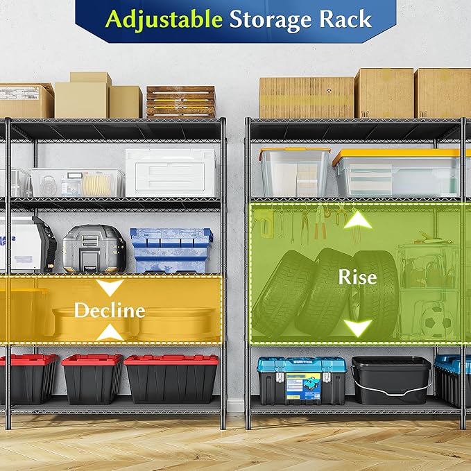 52.36" W Storage Shelves Metal Shelving Unit Load 1400LBS 5 Tier Wire Shelf for Storage Adjustable Garage Shelving Heavy Duty Shelves for Pantry Kitchen Garage, 52.36W x13.78Dx70.8H