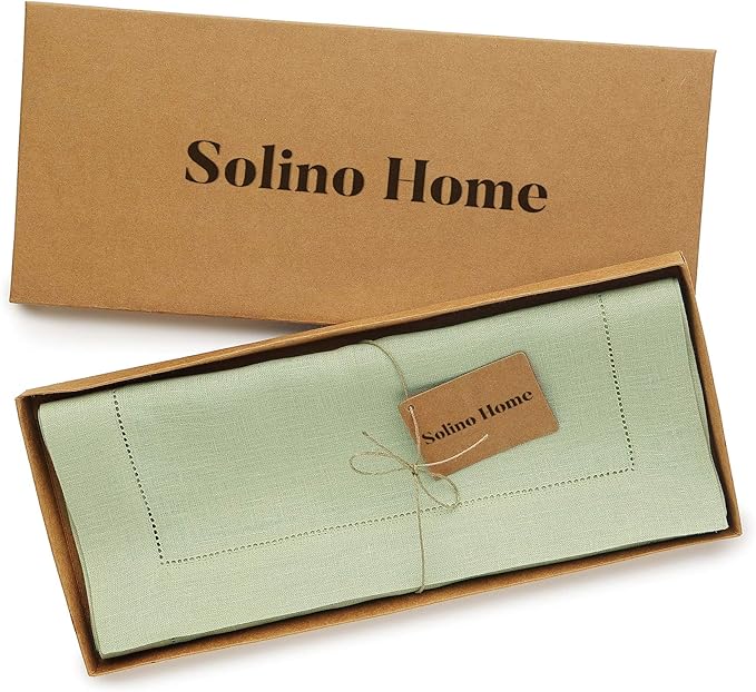 Solino Home Linen Sage Green Table Runner 108 Inches Long - 100% Pure Linen 14 x 108 Inch Table Runner for Christmas, New Year - Classic Hemstitch