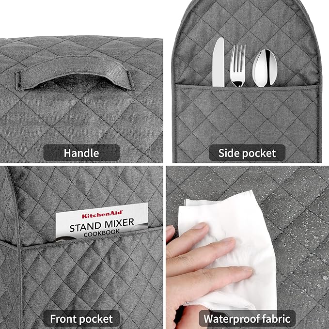 Stand Mixer Cover compatible with Kitchenaid Mixer, Fits All Tilt Head & Bowl Lift Models with 3 Organizer Bag for Accessories. (Grey, For Tilt Head 4.5-5 Quart)