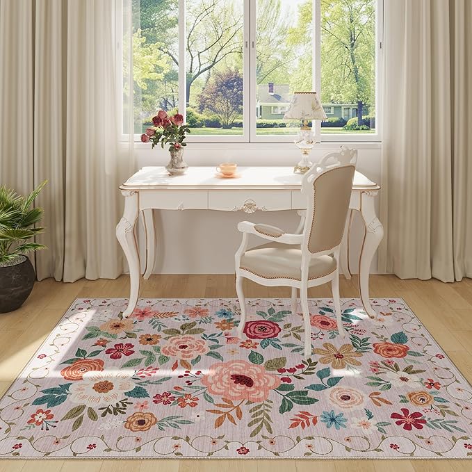 DUKINO 4x6 Feet Office Chair Mat, Lightweight Non Slip Washable Floral Area Rug, Indoor Low Pile & Non-Shedding Boho Design Rugs for Bedroom, Living Room, Dining Room, Beige
