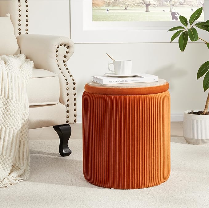 Round Ottoman with Storage Set of 2,Vanity Stool with Storage for Bedroom, Ottoman Coffee Table,Small Velvet Foot Stool for Living Room, Orange
