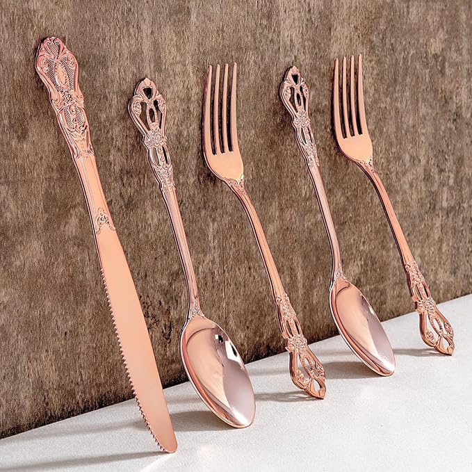 40PCS Rose Gold Plastic Silverware - Heavy Duty Elegant Disposable Utensils - Rose Gold Plastic Cutlery set Includes 20Forks, 10Spoons, 10Knives for Dinner, Parties, Weddings