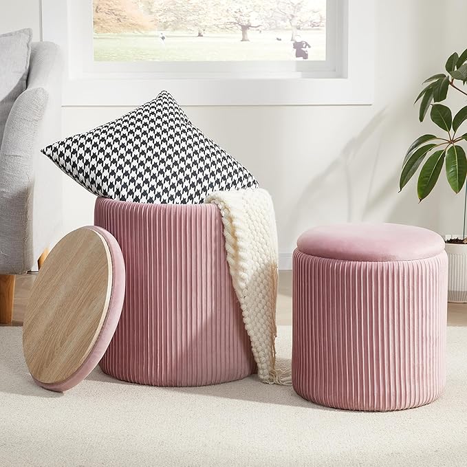 Round Ottoman with Storage Set of 2,Vanity Stool with Storage for Bedroom, Ottoman Coffee Table,Small Velvet Foot Stool for Living Room, Pink
