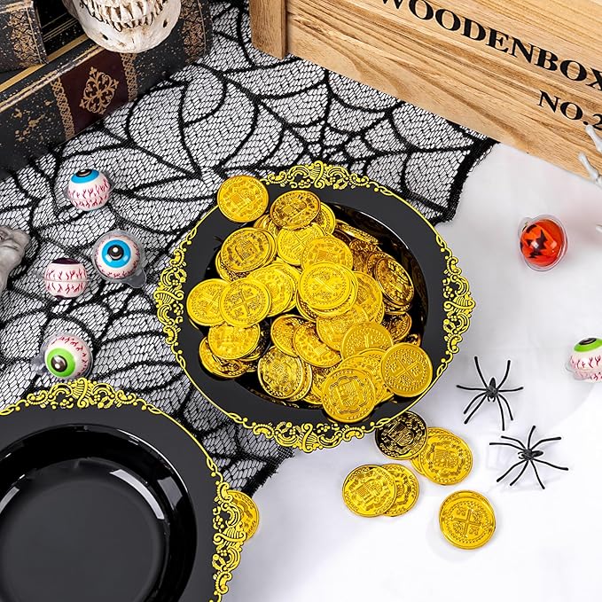 100PCS Black Plastic Bowls - 12 oz Black Gold Disposable Salad Bowls - Heavy Duty Soup Serving Bowl - Fancy Plastic Candy Bowl for Weddings, Parties, Dinners, Catering, Picnics, New Year Party