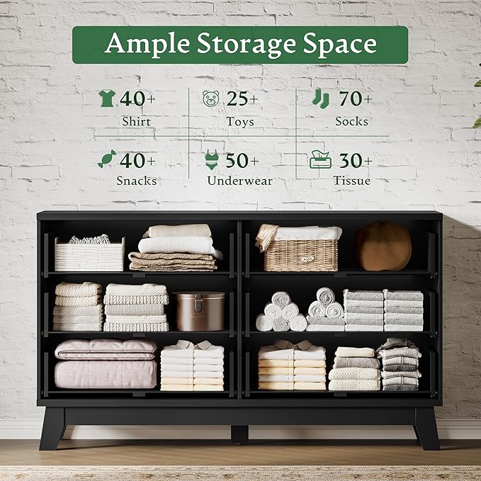 Fluted Dresser with 6 Drawers, 54" Wide Modern Chest of Drawers with Metal Handle, Wooden Dresser TV Stand, Wood Closet Clothes Storage Organizer for Bedroom, Living Room, Hallway, Solid Black