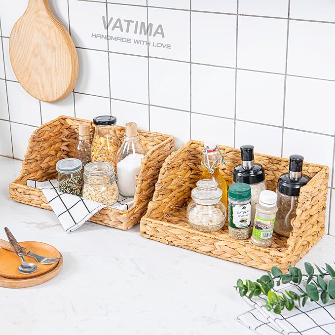 VATIMA Water Hyacinth Storage Baskets for Organizing, Medium Open-Front Wicker Basket for Kitchen, for Shelves, 11.8” x 7.5” x 5.5”, 2 Pack