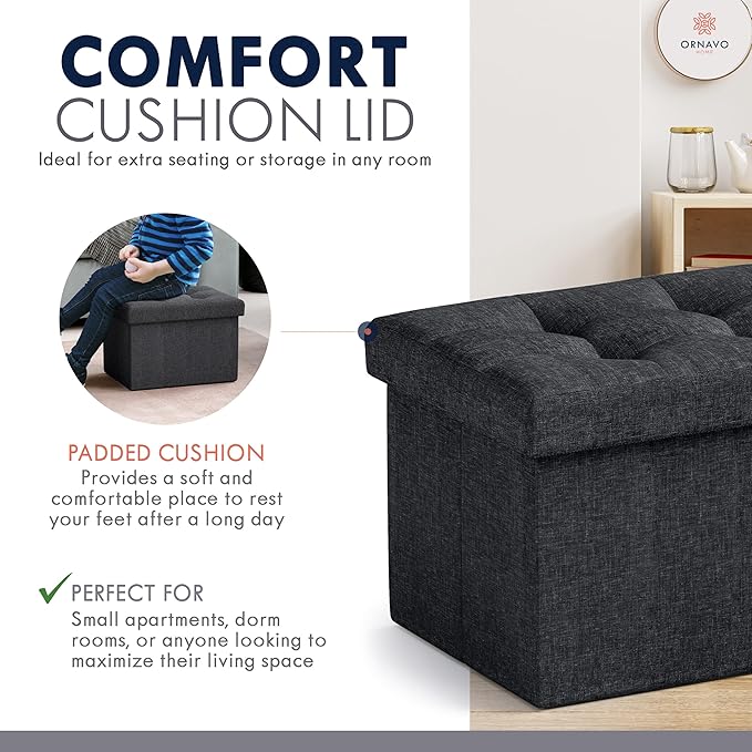 Ornavo Home Small Storage Ottoman Foldable Collapsible Rectangle Linen Ottoman Foot Rest Stool Seat, for Living Room, Bedroom, Home Office, Dorm - 12 x 16 x 12, Black