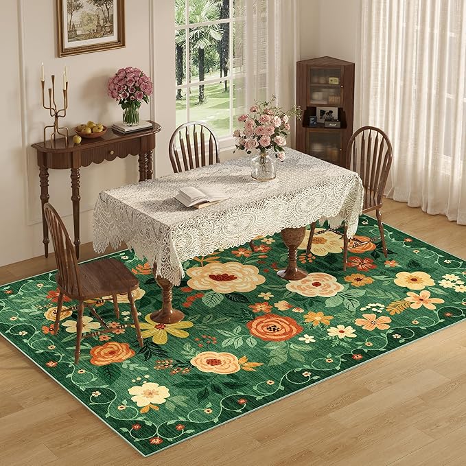 DUKINO 6x9 Area Rug, Floral Rugs for Living Room, Lightweight Non Slip Washable Rug, Indoor Low Pile & Non-Shedding Boho Design Rugs for Bedroom, Living Room, Dining Room, Dark Green