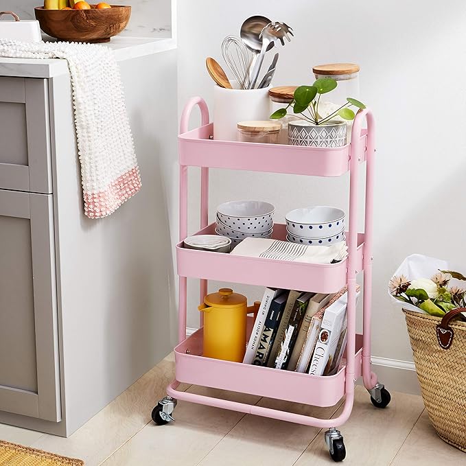Amazon Basics 3-Tier Rolling Utility or Kitchen Cart, Lockable Wheels, Multifunctional Storage, Dusty Pink