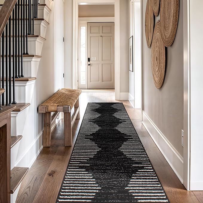 Rugshop Bohemian Stripe Stain Resistant High Traffic Living Room Kitchen Bedroom Dining Home Office Runner Rug 2'7" x 8' Black