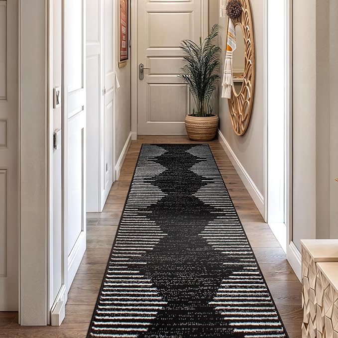 Rugshop Bohemian Stripe Stain Resistant Carpet High Traffic for Hallway Entryway Living Room Kitchen Bedroom Laundry Runner Rug 2' x 7' Black