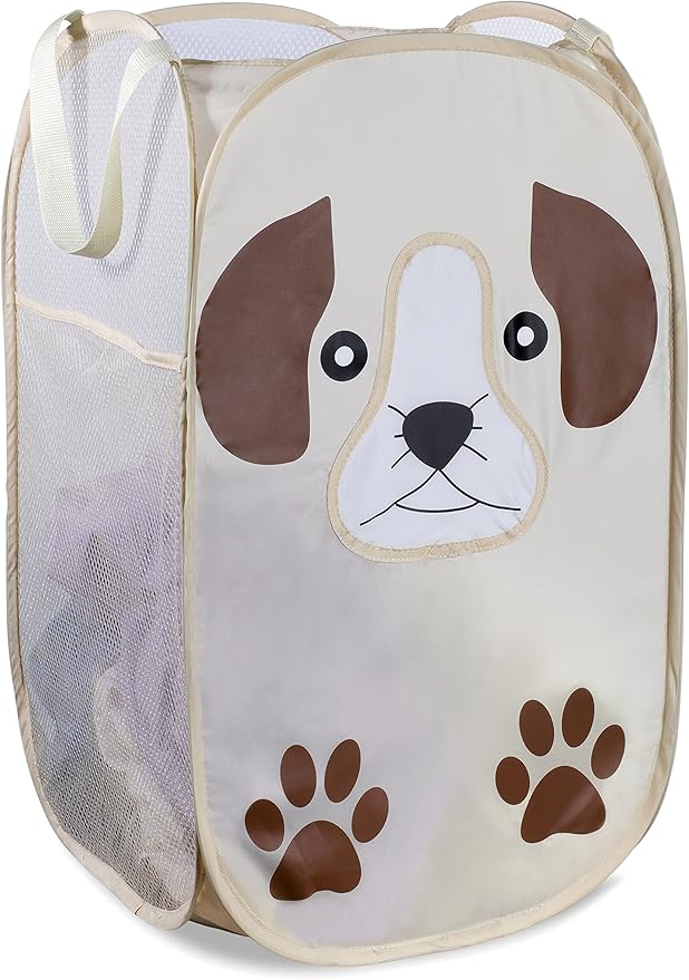 Handy Laundry Collapsible Mesh Pop-Up Hamper with Wide Opening and Side Pocket - Breathable, Sturdy, Foldable, Space-Saving Design (Puppy)