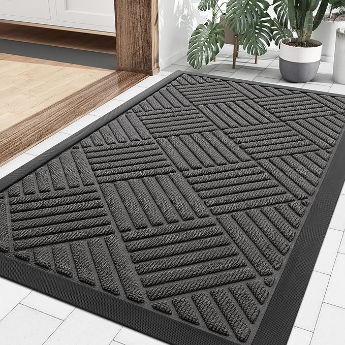 Smiry Front Door Mat Outside Entrance, Heavy Duty Outdoor Indoor Natural Rubber Doormat, Non Slip, Trap Dirt and Moisture, Easy Clean, Low Profile Patio Porch Entryway Mat, 29.5x17, Grey