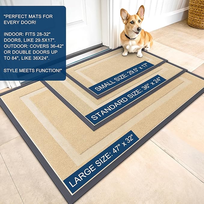 OLANLY Front Door Mat Indoor Outdoor Entrance, Waterproof All-Season, All-Weather Doormat, Sturdy Natural Rubber, Fade Resistant, Low Profile, Easy Clean Patio Porch Entryway Mat, 59x23, Beige