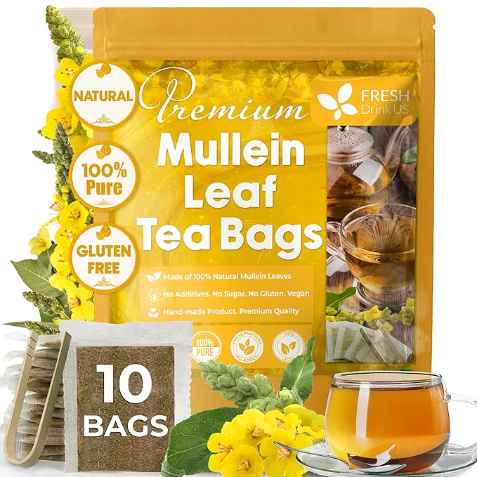 FreshDrinkUS, Premium 10 Mullein Leaf Tea Bags For Lungs, 100% Natural & Pure from Mullein Leaves. Loose Leaf Mullein Herbal Tea. Made with Natural Material Tea Bags. No Sugar, No Caffeine, No Gluten, Vegan.