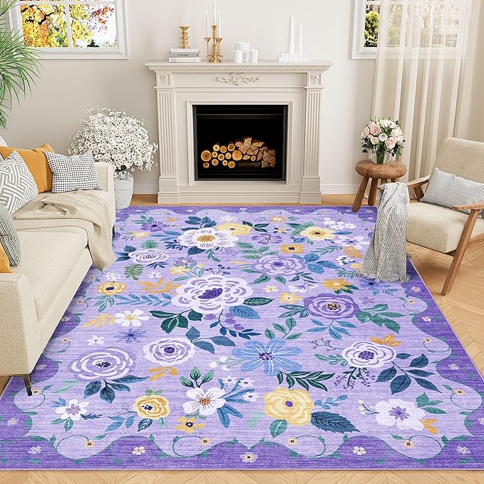 DUKINO 5x7 Area Rug, Floral Rugs for Living Room, Lightweight Non Slip Washable Rug, Indoor Low Pile & Non-Shedding Boho Design Rugs for Bedroom, Playroom, Dining Room, Purple
